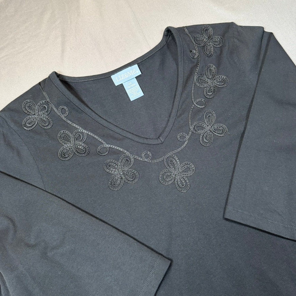 Liz & Me Women 0X 14/16W Black Soutache Embroidered V-Neck 3/4 Sleeve Top Casual - Picture 2 of 14
